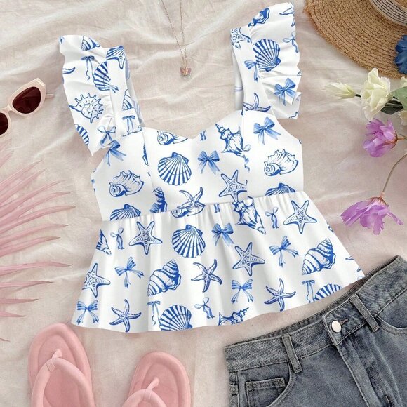 Boho Women's Casual Vacation Style Shell & Ocean print top - Picture 5 of 7